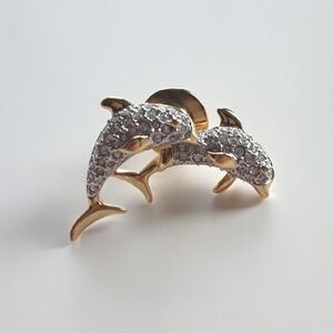Swarovski Dolphins Brooch Silver And Gold With Sparkling Accents Women's Jewelry